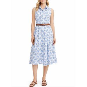 Kiel James Patrick Blue Floral Linen Blend Shirt Dress Nautical Cottage